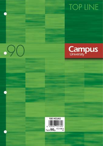 Foto de Recambio de papel DIN A4 de 90 gramos. De 4 Anillas. 100 hojas. Rayado Cuadro 5x5. Ribete Verde. Campus. (002295)