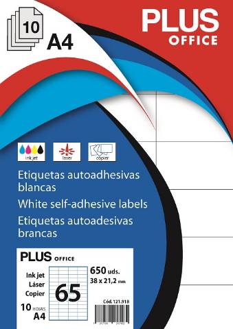 Foto de Etiquetas Autoadhesivas Formato Din A4 38,0 x 21,2mm. Plus Office 10 hojas (121918)