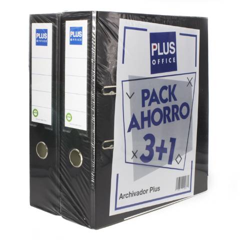 Foto de Pack 3+1 Archivador Palanca Forrado, Formato Folio, Color Negro. Marca Plus (124478)