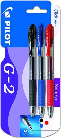 Ofiarea. Bolígrafo Gel Pilot G-2 Retráctil. Blister 3 unidades Azul + Negro  + Rojo (124826)