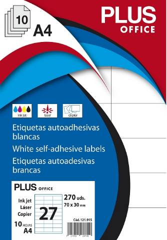 Foto de Etiquetas Autoadhesivas Formato Din A4 70,0 x 30,0mm. Plus Office 10 hojas (121915)