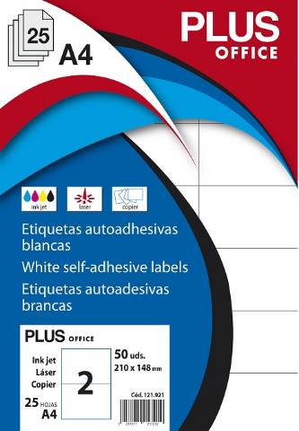 Foto de Etiquetas Autoadhesivas Formato Din A4 210,0 x 148,0mm. Plus Office 25 hojas (121921)