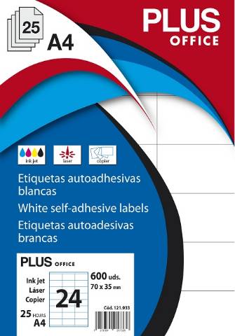 Foto de Etiquetas Autoadhesivas Formato Din A4 70,0 x 35,0mm. Plus Office 25 hojas (121933)