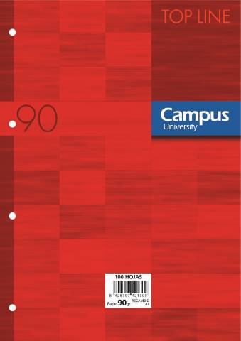 Foto de Recambio de papel DIN A4 de 90 gramos. De 4 Anillas. 100 hojas. Rayado Cuadro 5x5. Ribete Rojo. Campus. (002297)