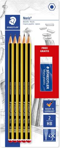 Foto de Lápices de grafito Nº2 HB Staedtler Noris. Blister de 5 unidades + goma de borrar (124610)