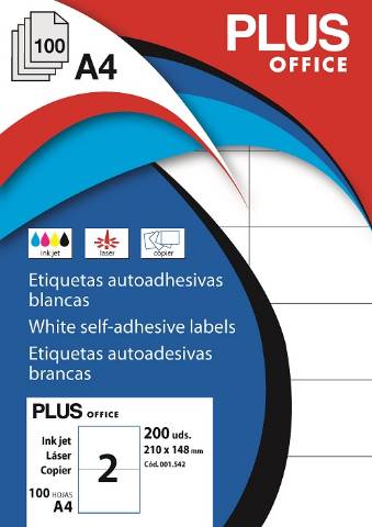 Foto de Etiquetas Autoadhesivas Formato Din A4 210,0 x 148,0mm. Plus Office Caja de 100 hojas (001542)