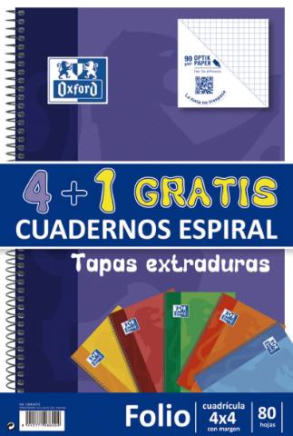 Foto de Bloc Cuaderno de espiral  tapa  Forrada Pack 4+1 Oxford  90 gr, Formato Din A4 con 80 hojas Natural. Cuadros (029138)