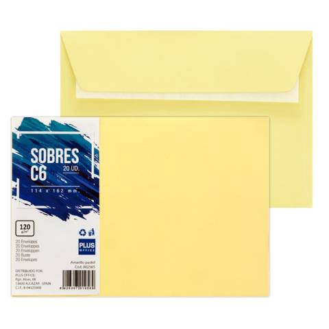 Foto de Sobres de color Plus office 114x162 C6. Paquete de 20 unidades en color amarillo (002565)