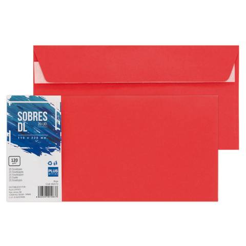 Foto de Sobres de color Plus office 110x220 DL. Paquete de 20 unidades en color rojo (002572)
