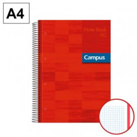 Foto de Bloc Cuaderno de espiral Microperforado Tapa Cartón, Formato Din A4 con 80 hojas 90 gr. Campus. Color Rojo, Cuadros (002303)