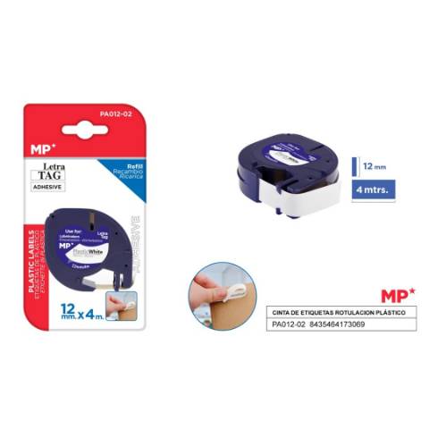 Foto de Cinta Compatible Letratag en plástico de 12mm x 4 metros. Negro/Blanco (127941)