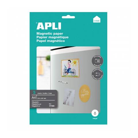 Foto de Papel para impresoras inkjet, en el que el dorso contiene una fina capa magnética, para que puedas ponerlo sobre cualquier superficie metálica. Medidas: 210 x 297 mm. Cantidad: 3 hojas (125181)