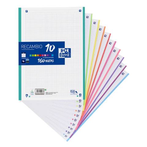 Foto de Recambio de papel DIN A4 de 90 gramos. De 4 Anillas. 160 hojas. Rayado Cuadro 5x5. Ribete 10 Colores Oxford. (128715)