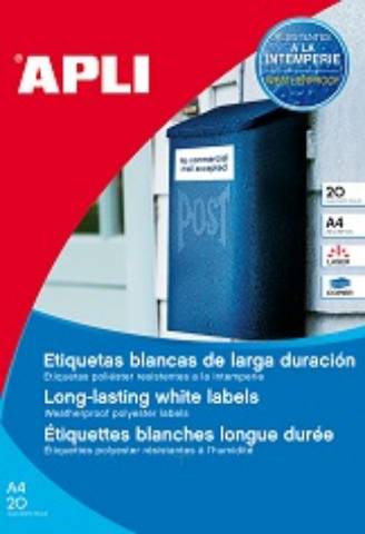 Foto de Etiquetas Autoadhesivas Formato Din A4 210,0 x 297,0mm. Apli 20 hojas Poliéster Blanca (128248)