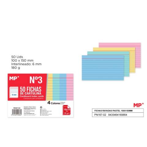Foto de Fichas Rayadas de 100 x 150mm. Nº3 Paquete de 50 unidades. Cuatro Colores. (128938)