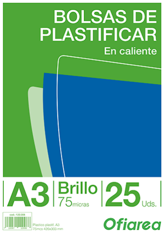 Ofiarea. Funda Plástico para Plastificar de 75micras 426x303mm en Formato  Din A3. Paquete de 25 unidades (120006)