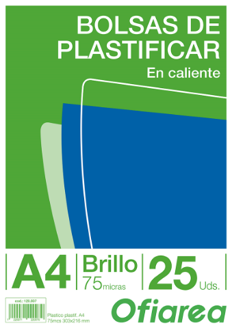 Funda Plástico para Plastificar de 75micras 303x216mm en Formato Din A4.  Paquete de 25 unidades (120007)