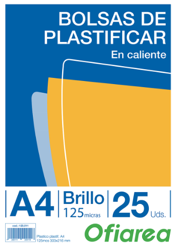 Funda Plástico para Plastificar de 125micras 303x216mm en Formato Din A4.  Paquete de 25 unidades (120011)